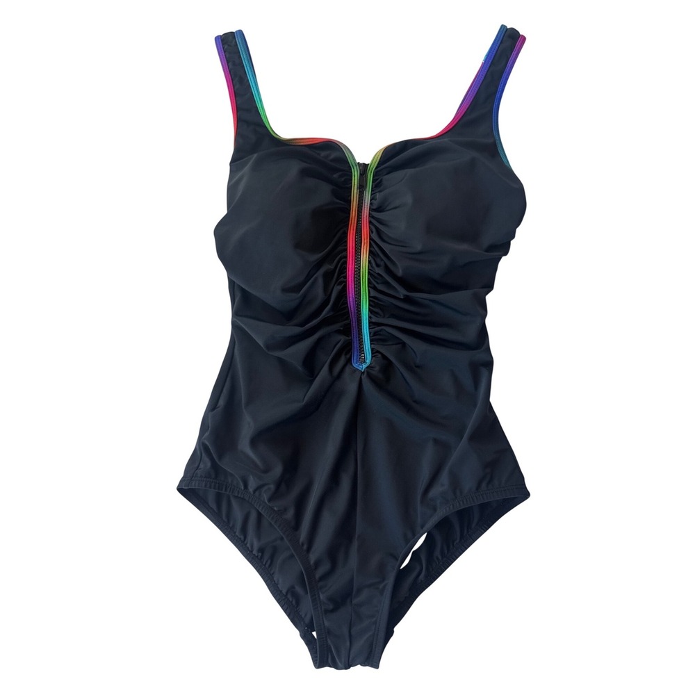 One Piece Swimsuit Women Size 10 Black Rainbow Zip Front Ruched